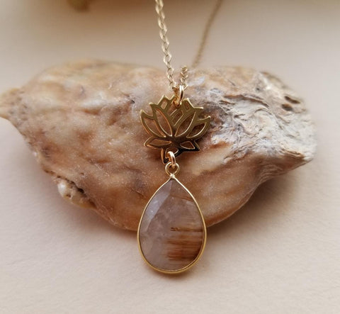 Gold Rutilated Quartz Lotus Flower Necklace