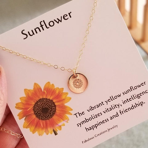 dainty gold necklace, custom stamped jewelry, Sunflower necklace, gift for best friend