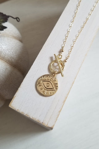Gold Evil Eye Coin Necklace, Front Toggle Necklace