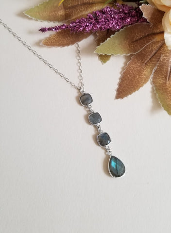 Labradorite Necklace, Long Labradorite Center Drop Pendant Necklace