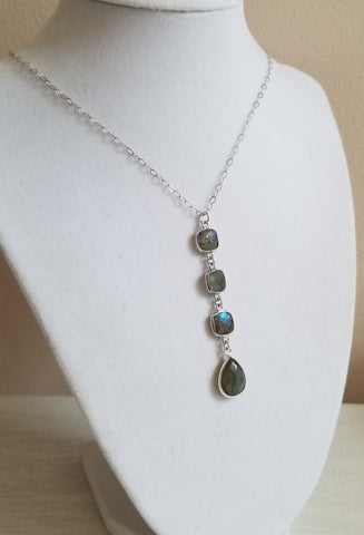 Labradorite Necklace, Long Labradorite Center Drop Pendant Necklace
