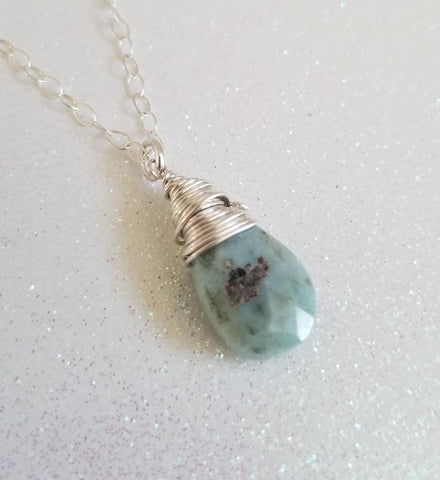 Larimar Necklace, Wire Wrapped Larimar Pendant