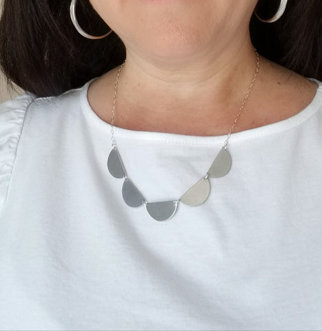 Silver Geometric Necklace, Half Moon Scallop Bib Necklace