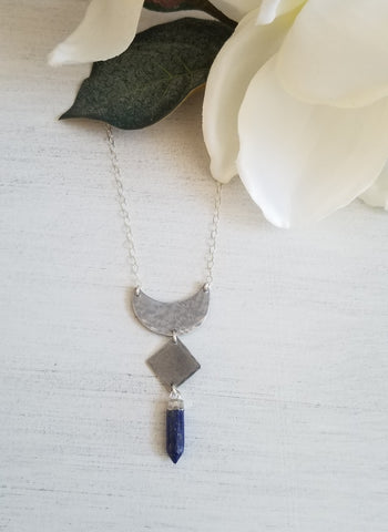 Silver Geometric Pendant Necklace with Lapis Lazuli