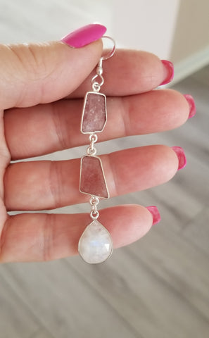 Long Moonstone and Strawberry Quartz Earrings, Gem Drop Earrings for Women