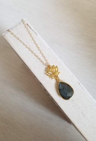 Gold Lotus Flower Necklace with Labradorite Gemstone, Labradorite Pendant Necklace
