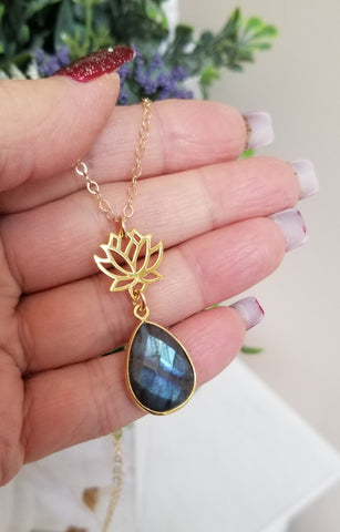 Gold Lotus Flower Necklace with Labradorite Gemstone, Labradorite Pendant Necklace