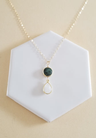 Emerald and Moonstone Pendant Necklace, Dainty Gold Chain Necklace