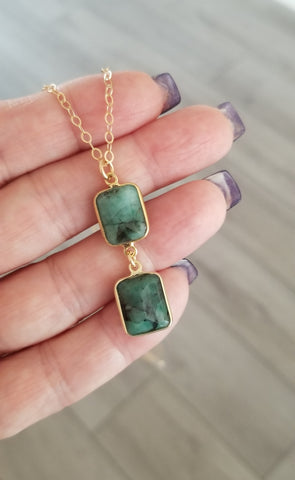 Natural Emerald Pendant Necklace, Gold Emerald Necklace, Center Drop Necklace