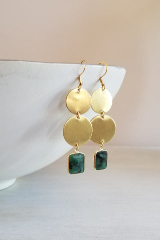 Emerald Earrings, Long Gemstone Earrings, Natural Emerald Dangle Earrings, Handmade Raw Brass Drop Earrings