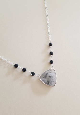Unique Black Rutilated Quartz and Black Onyx Necklace, Statement Necklace