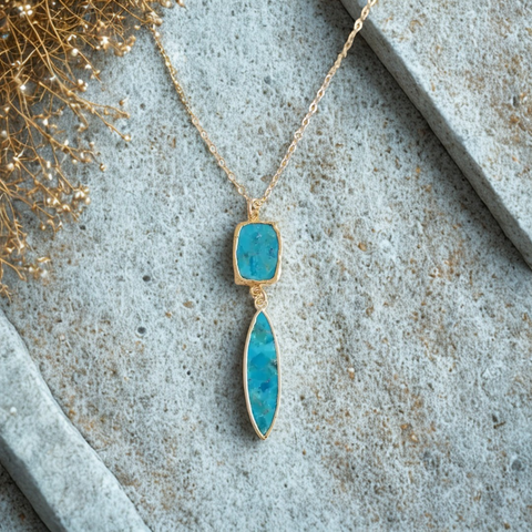 Turquoise Pendant Necklace, Boho Turquoise Necklace, Gold Gemstone Necklace