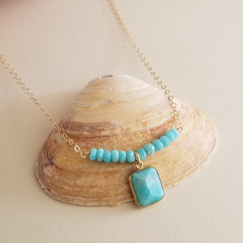 Modern Amazonite Necklace with Square Pendant on Dainty Gold Chain