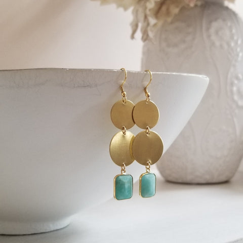 Amazonite Earrings, Long Gemstone Earrings, Natural Amazonite Dangle Earrings, Raw Brass Drop Earrings, Bold Crystal Earrings, Boho Jewelry, Gold Geometric Earrings