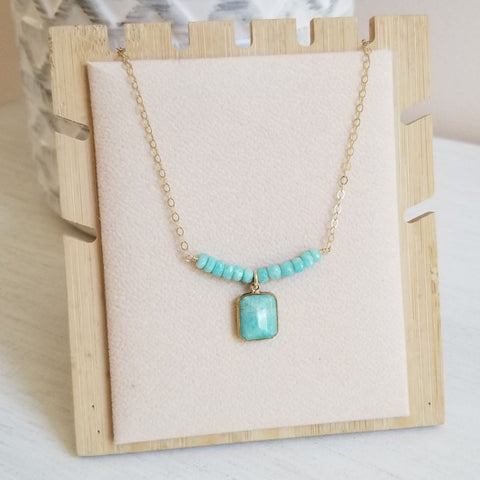Modern Amazonite Necklace with Square Pendant on Dainty Gold Chain