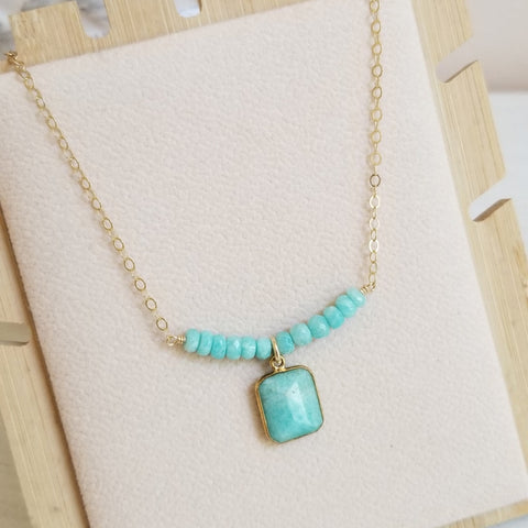 Modern Amazonite Necklace with Square Pendant on Dainty Gold Chain