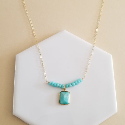 Modern Amazonite Necklace with Square Pendant on Dainty Gold Chain, Handmade Boho Jewelry for women