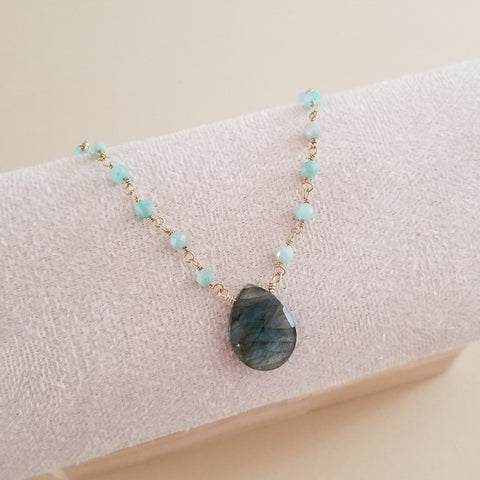 Boho Amazonite and Labradorite Necklace, Handmade Beaded Necklace with Teardrop Stone, Gift for Her