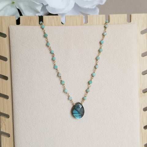 Boho Amazonite and Labradorite Necklace, Handmade Beaded Chain Necklace with Teardrop Labradorite Stone