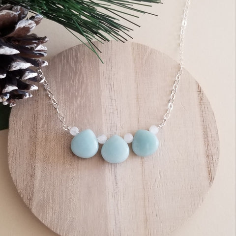 Amazonite Teardrop and Moonstone Necklace, Gold or Silver