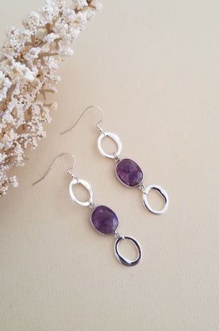 Handmade Sterling Silver Amethyst Earrings, Long Geometric Earrings, Gift for Her, Moonstone Earrings