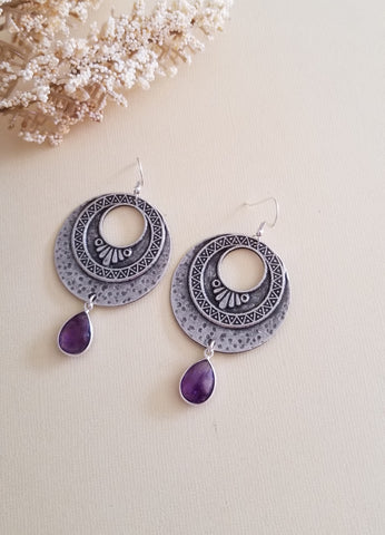 Oxidized Silver Earrings with Gemstones, Amethyst or Moonstone