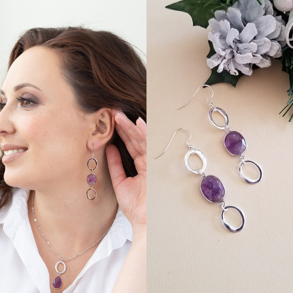 Sterling Silver Amethyst Earrings, Long Gemstone Earrings, Statement Earrings, Handmade Silver Earrings for Women