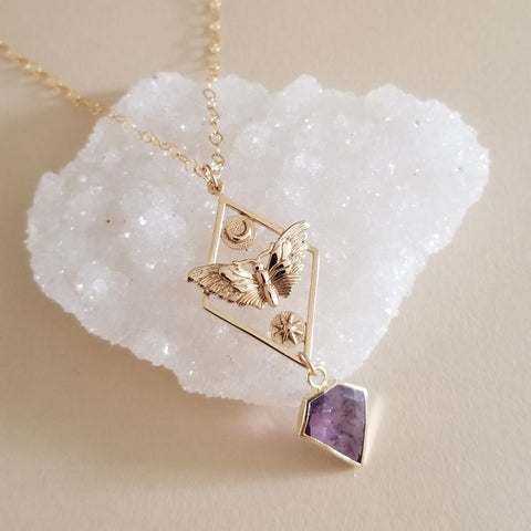 Moth Sun and Moon Pendant Necklace with Amethyst, Talisman Jewelry