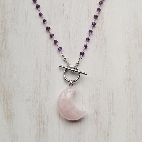 Amethyst Necklace, Rose Quartz Pendant, Front Toggle Necklace, Boho Beaded Chain Necklace, Crescent Moon Pendant Necklace, Gift for Her