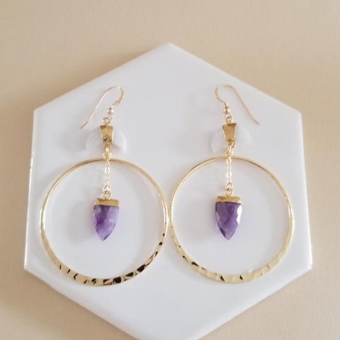 Handmade Gold Amethyst and Moonstone Hoop Earrings for Women, Bohemian Style Jewelry