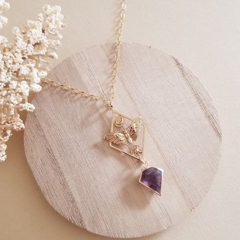 Moth Sun and Moon Pendant Necklace with Amethyst, Talisman Jewelry