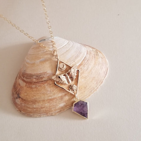Moth Sun and Moon Pendant Necklace with Amethyst, Talisman Jewelry