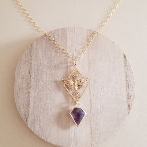 Moth Sun and Moon Pendant Necklace with Amethyst, Talisman Jewelry