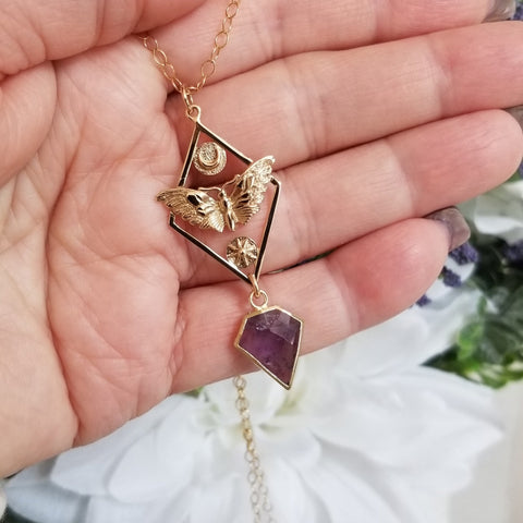 Moth Sun and Moon Pendant Necklace with Amethyst, Talisman Jewelry
