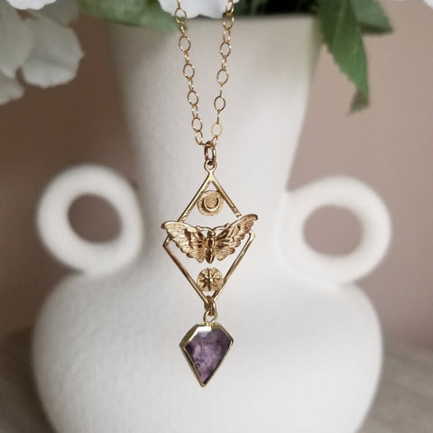Moth Sun and Moon Pendant Necklace with Amethyst, Talisman Jewelry