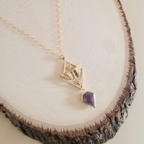 Moth Sun and Moon Pendant Necklace with Amethyst, Talisman Jewelry