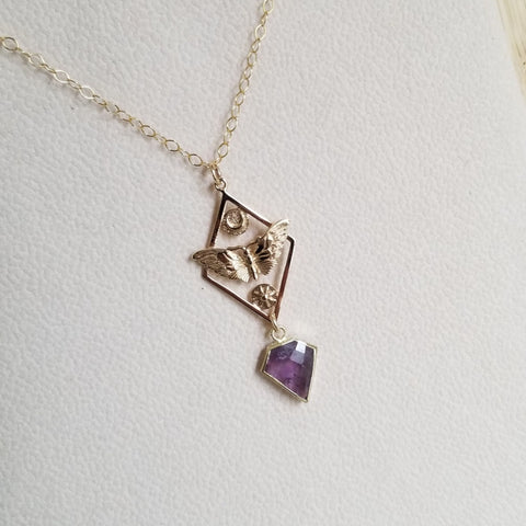 Moth Sun and Moon Pendant Necklace with Amethyst, Talisman Jewelry