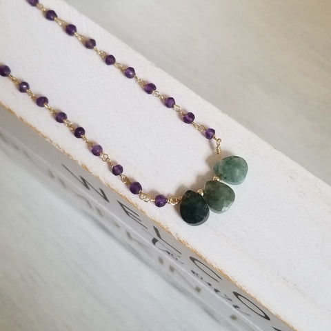 Beaded Amethyst Chain with Moss Agate Teardrops, Boho Jewelry