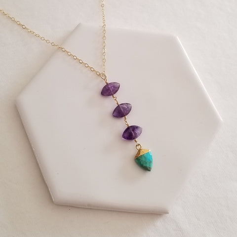 Amethyst and Turquoise Center Drop Necklace, Long Gemstone Pendant Necklace, Center Drop Pendant Necklace, Boho Stone Necklace, Gift for Her