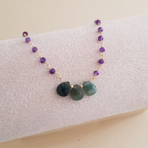 Beaded Amethyst Chain with Moss Agate Teardrops, Boho Jewelry