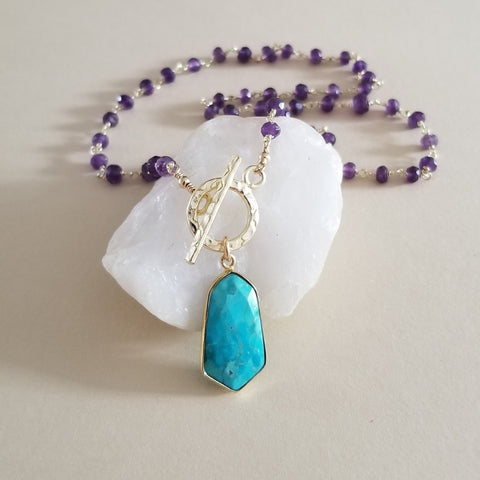 Handmade Amethyst Front Toggle Necklace with Turquoise Pendant, Boho Chic