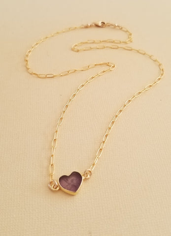 Amethyst Necklace, Dainty Heart Necklace, Gold Filled Paperclip Chain, Amethyst Heart Necklace, Heart Jewelry, Handmade Heart Necklace