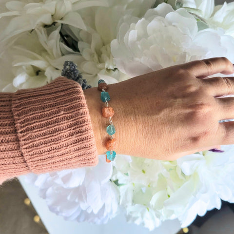 Handmade Raw Apatite and Sunstone Bracelet, Chunky Stone Bracelet