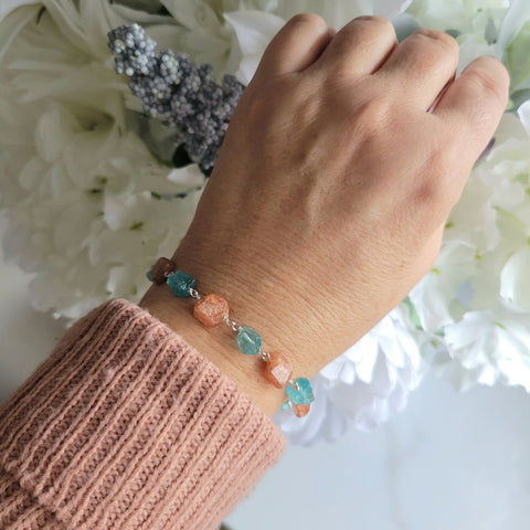 Handmade Raw Apatite and Sunstone Bracelet, Chunky Stone Bracelet