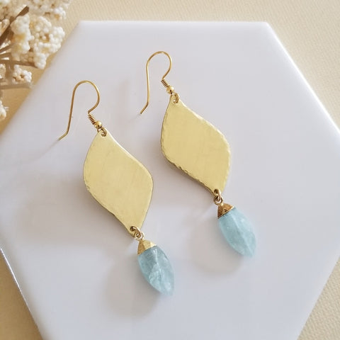 Aquamarine Earrings, Gold Dangles, Boho Stone Earrings, Modern Dangling Earrings