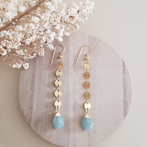 Handmade Long Gold Aquamarine Dangle Earrings, Modern Chain Earrings, Waterproof Jewelry