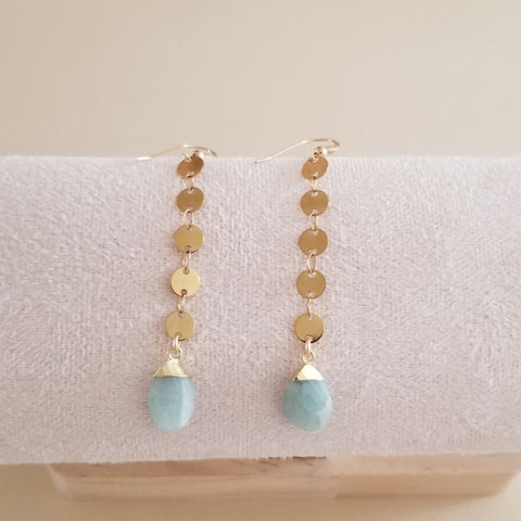 Long Gold Moonstone or Aquamarine Dangle Earrings, Modern Chain Earrings, Waterproof Jewelry