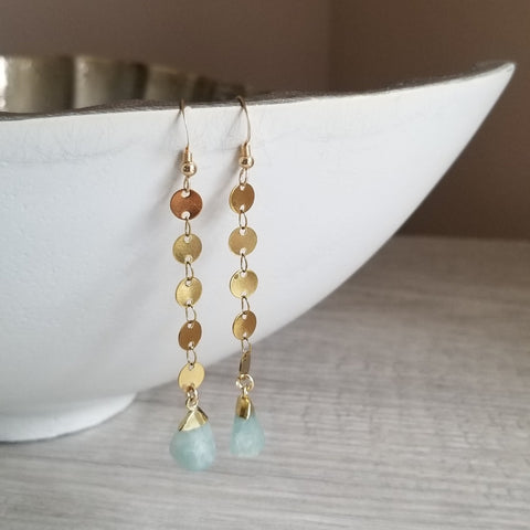 Long Gold Moonstone or Aquamarine Dangle Earrings, Modern Chain Earrings, Waterproof Jewelry