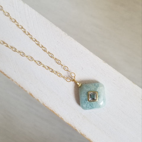 Aquamarine and White Topaz Pendant Necklace, Thin Gold Chain