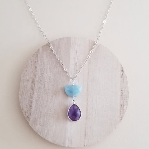 Sterling Silver Aquamarine and Amethyst Pendant Necklace, Celestial Jewelry
